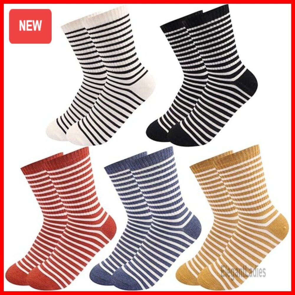 5-Pack Retro Striped Crew Socks, Cotton Athletic Socks for Women